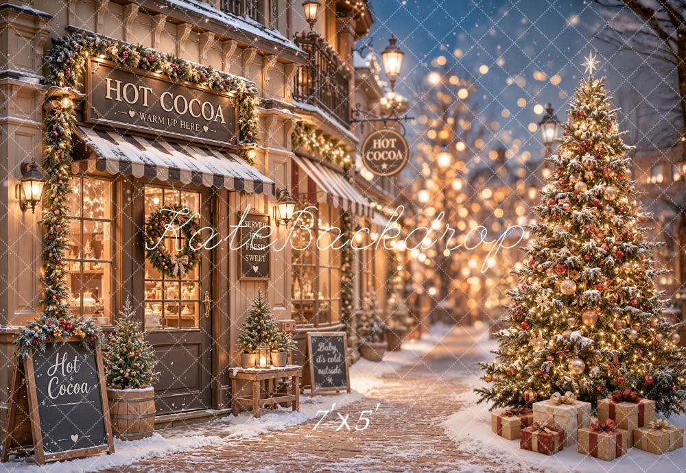 Kate Christmas Hot Cocoa Shop Snowy Street Christmas Tree Printed Backdrop Designed by Emetselch