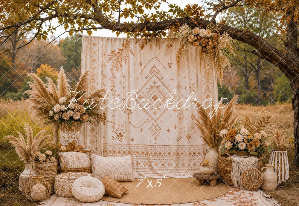 Kate Fall Boho Floral Pampas Grass Branch Arch Printed Backdrop Designed by Emetselch
