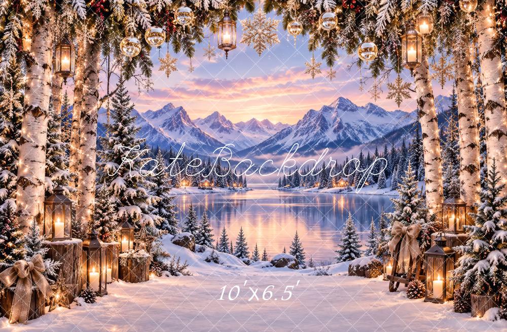 Kate Christmas Snowy Trees Mountain Lake Lanterns Printed Backdrop Designed by Laura Bybee