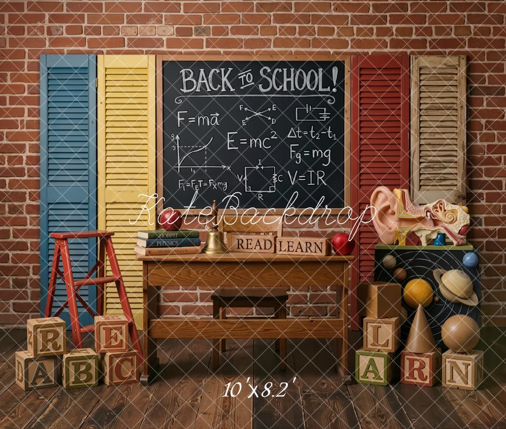 Kate Back To School Blackboard Brick Wall Books Blocks Printed Backdrop Designed by Emetselch