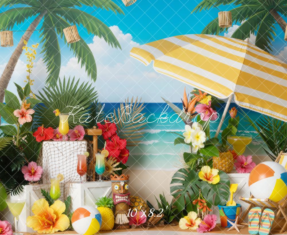 Kate Summer Beach Palm Trees Flowers Umbrella Backdrop Designed by Emetselch
