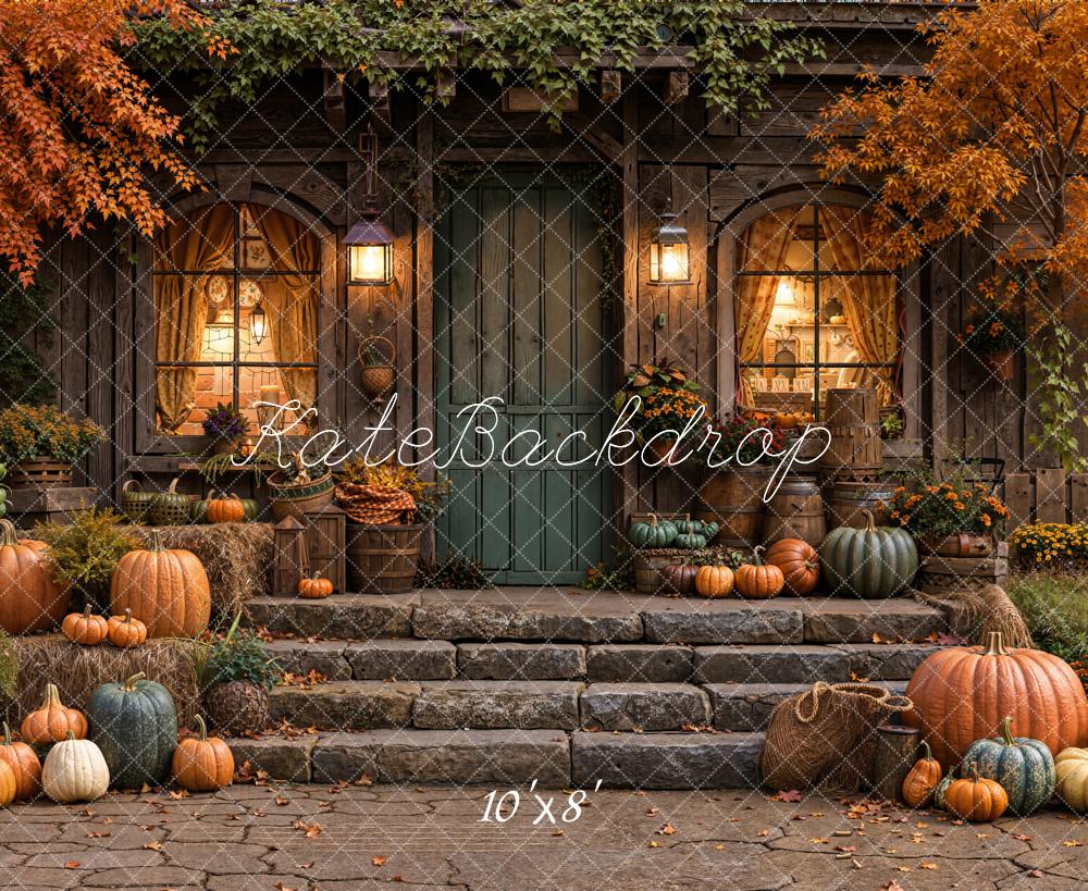 Kate Fall Pumpkins Rustic Porch Maple Trees Backdrop Designed by Emetselch