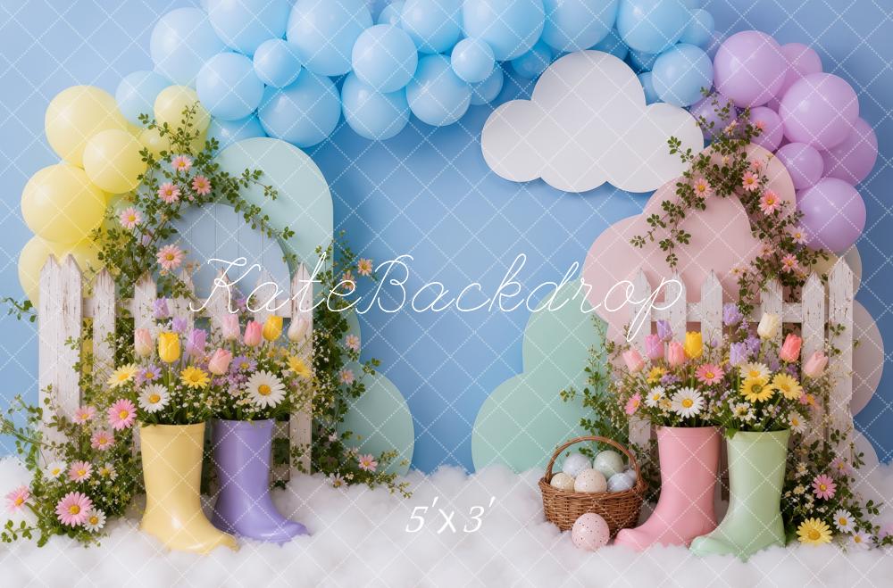 Kate Easter Rain Boots Floral Balloon Arch Picket Fence Printed Backdrop Designed by Ashley Ward