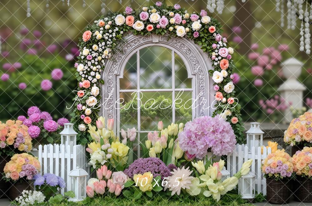 Kate Spring Flower Arch Window Garden White Fence Lanterns Printed Backdrop Designed by Mini MakeBelieve