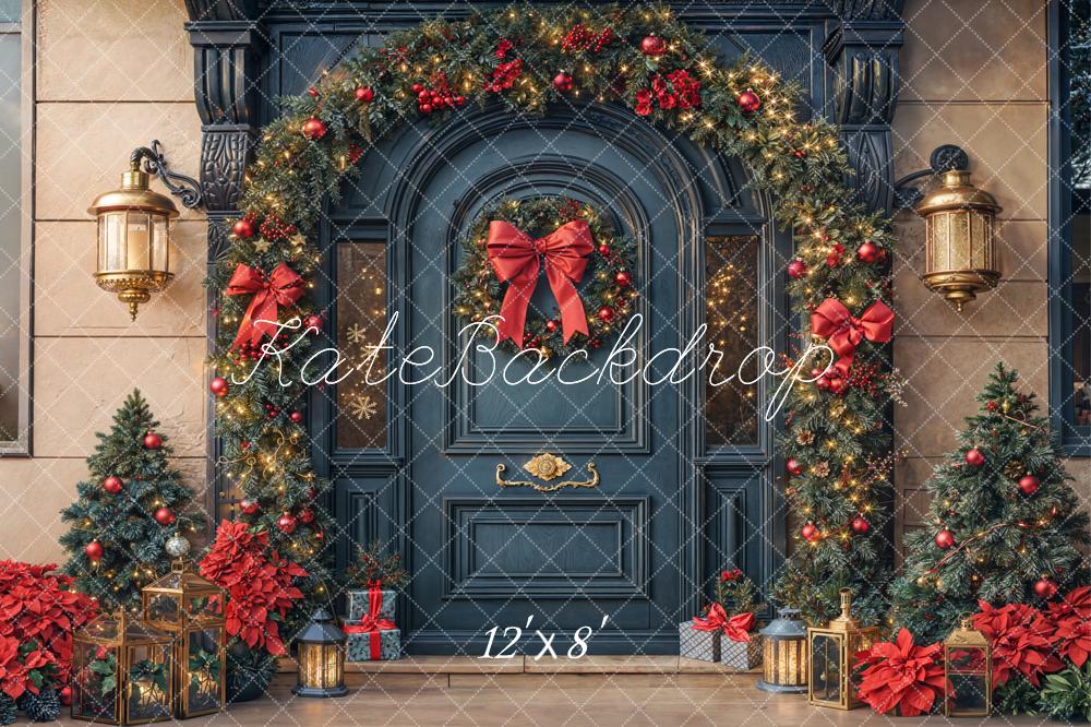Kate Christmas Retro Garland Door Wreath Red Bows Poinsettias Backdrop Designed by Emetselch