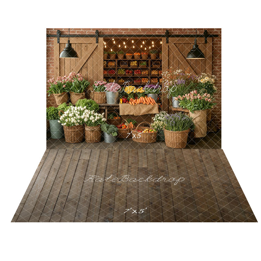 Kate Flower Market Fruits Vegetables Baskets Barn Brick Wall Printed Backdrop+Brown Retro Wall Wooden Plank Printed Backdrop