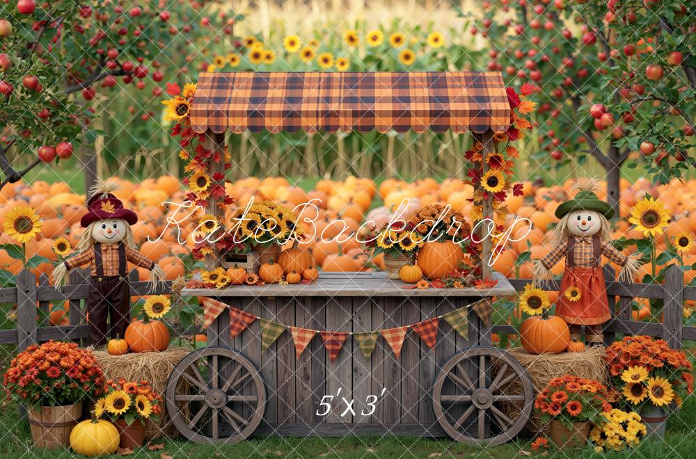 Kate Fall Pumpkin Stand Sunflower Scarecrow Field Printed Backdrop Designed by Mini MakeBelieve