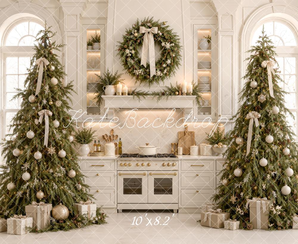Kate Christmas White Kitchen Trees Wreath Bow Arched Window Printed Backdrop Designed by Emetselch
