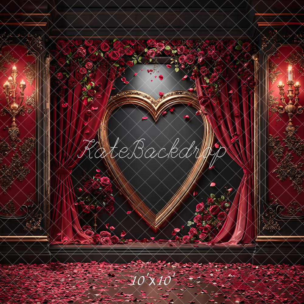 Kate Valentines Red Heart Frame Roses Curtains Floral Backdrop Designed by Emetselch