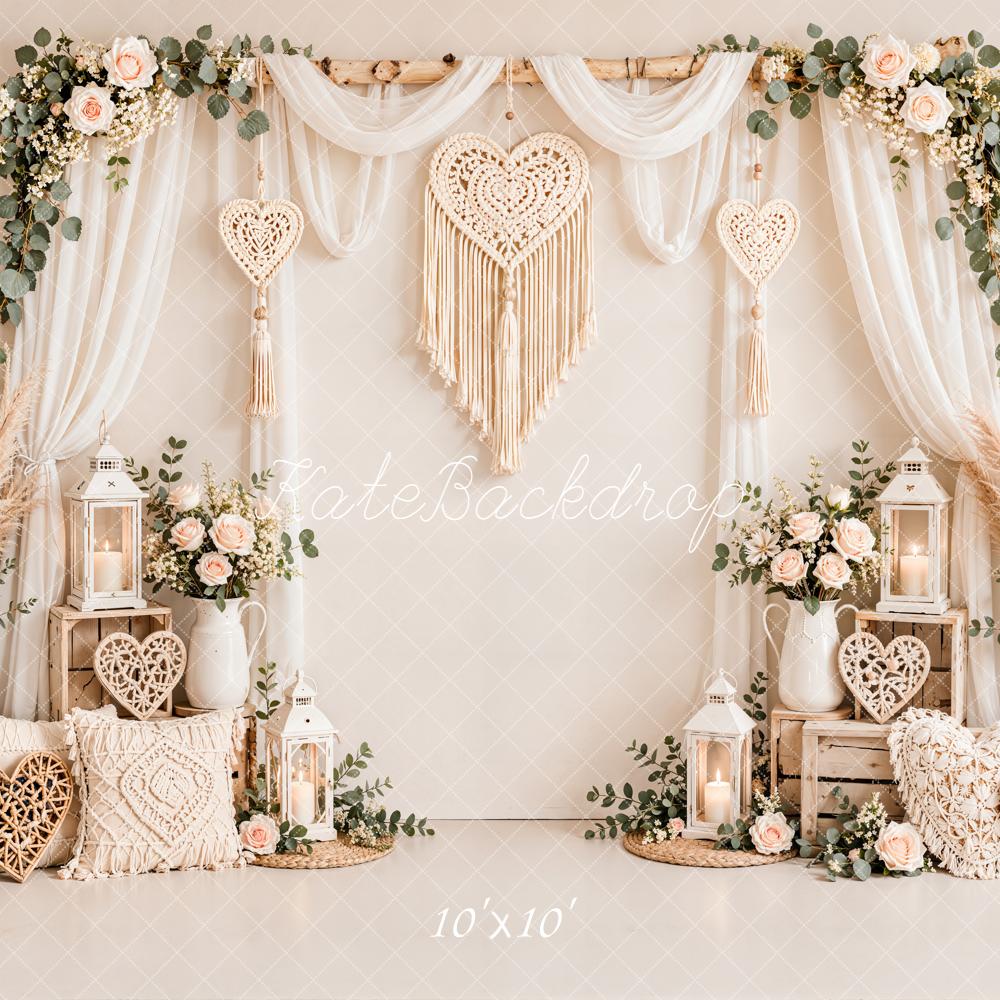 Kate Valentine's Day Boho Flower Arch Macrame Heart Sheer Drapes Printed Backdrop Designed by Emetselch
