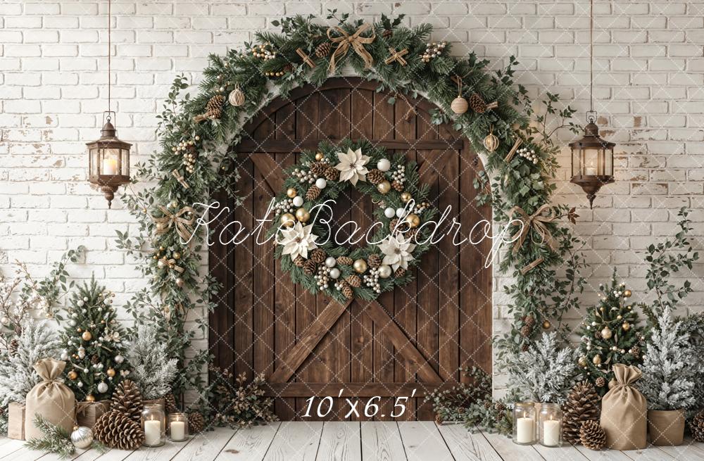 Kate Christmas Wooden Door Garland Wreath White Brick Printed Backdrop Designed by Emetselch
