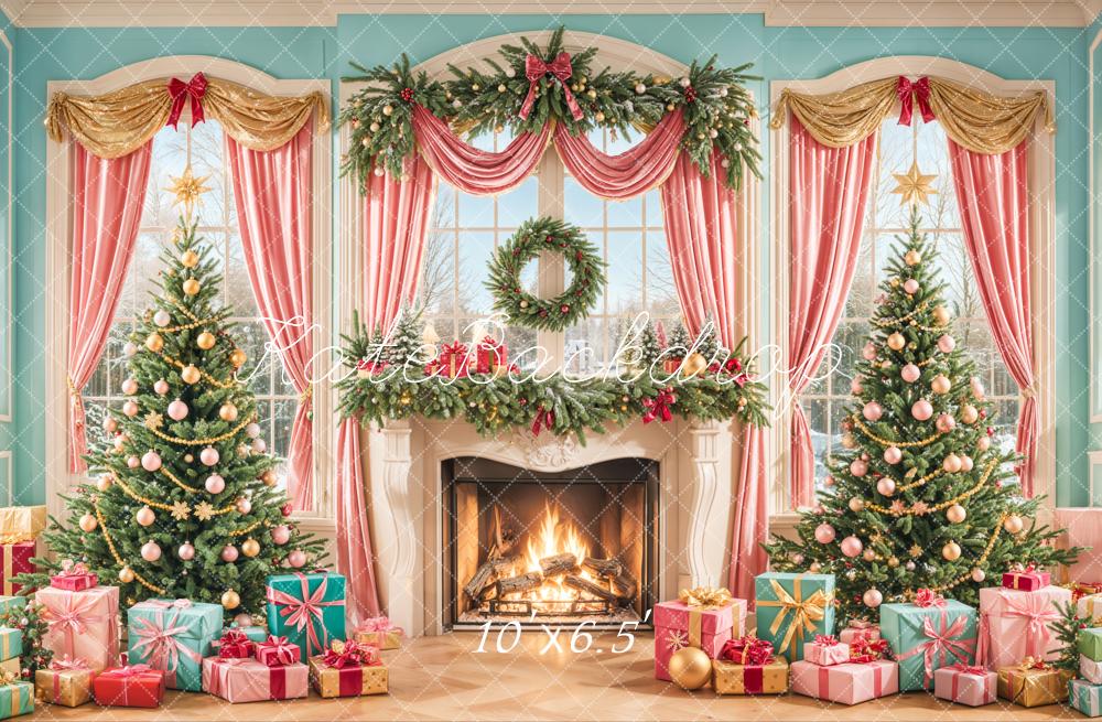 Christmas Tree Fireplace Window Pink Curtains Foto Achtergrond Designed by Emetselch