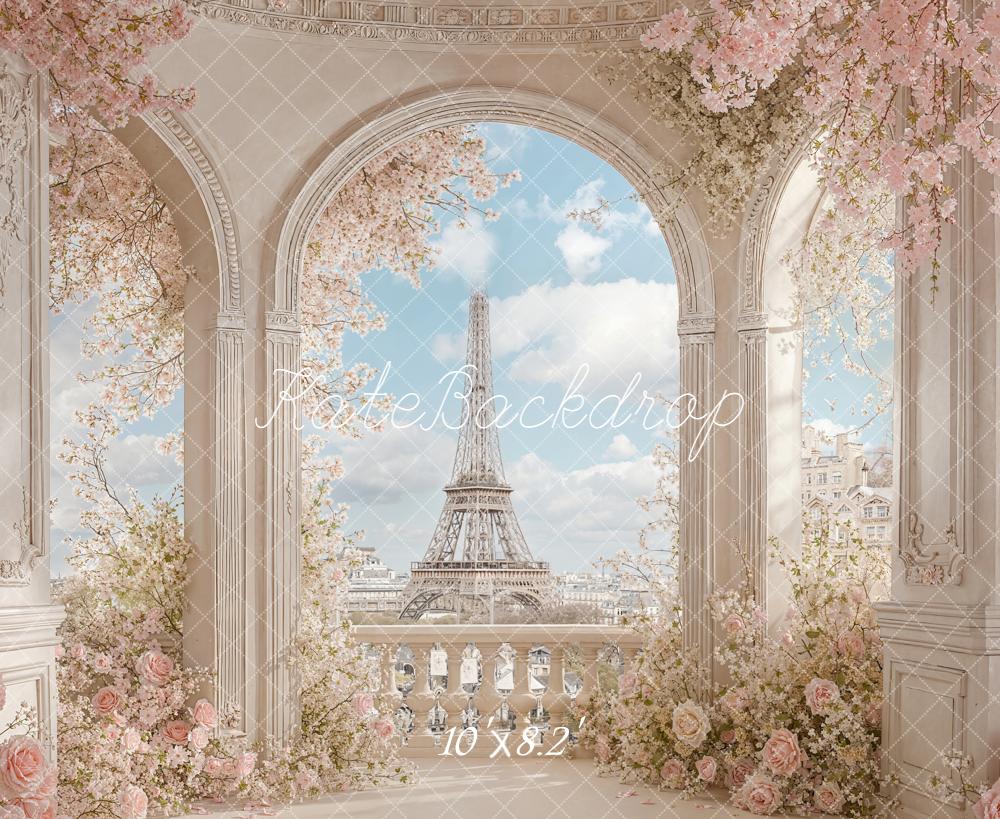 Kate Spring Floral Balcony Eiffel Tower View Backdrop Designed by Chain Photography