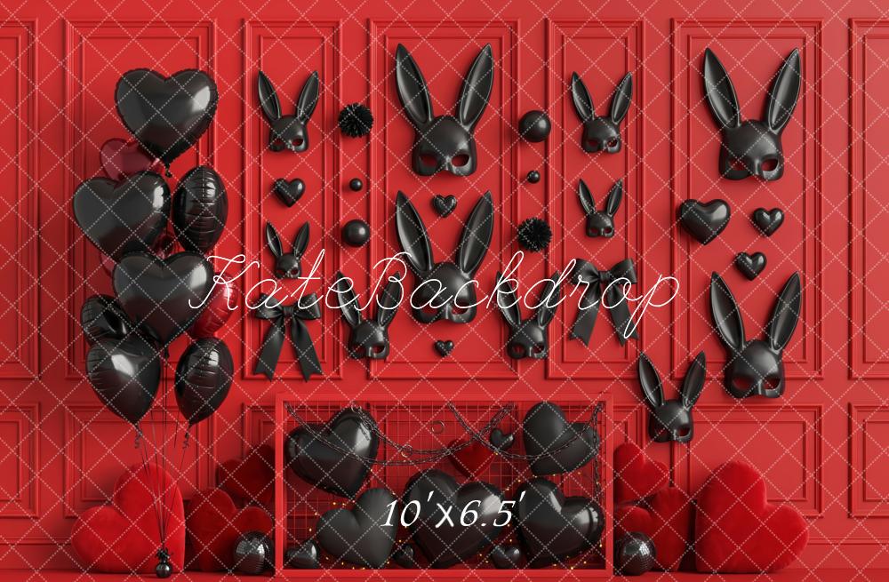 Kate Valentine's Day Boudoir Black Bunny Balloons Red Wall Hearts Printed Backdrop Designed by Patty Roberts