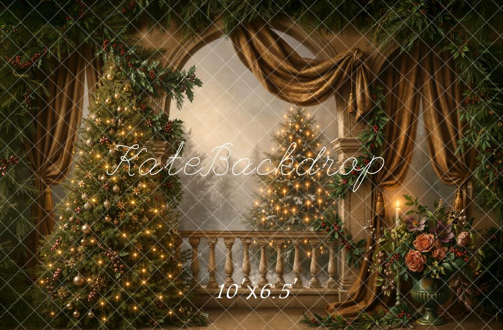 Kate Christmas Tree Vintage Balcony Garland Gold Curtains Flowers Printed Backdrop Designed by Chain Photography
