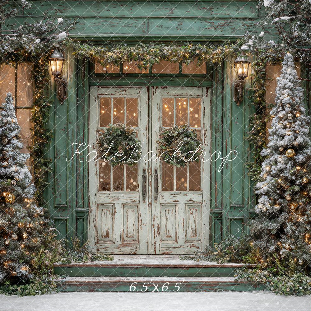 Kate Christmas Snowy Pine Trees Rustic Green Door Backdrop Designed by Ashley Paul