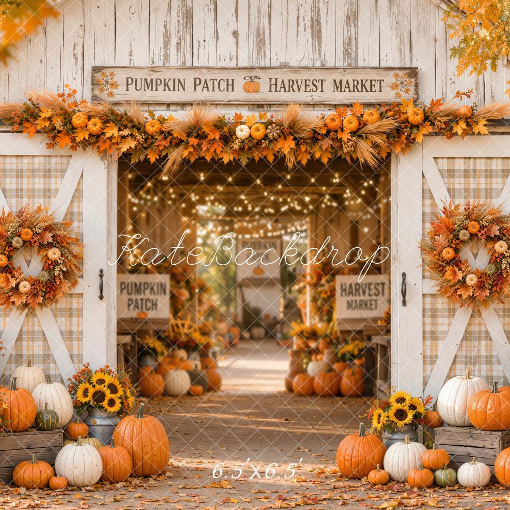 Kate Fall White Barn Pumpkin Harvest Wreath Printed Backdrop Designed by Emetselch