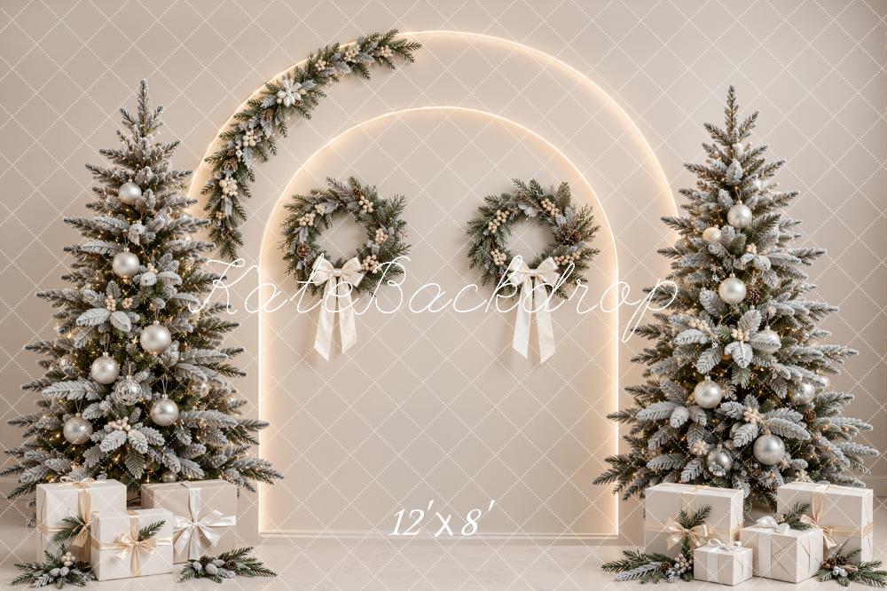Kate Christmas Beige Tree Arch Wreaths Gifts Printed Backdrop Designed by Emetselch