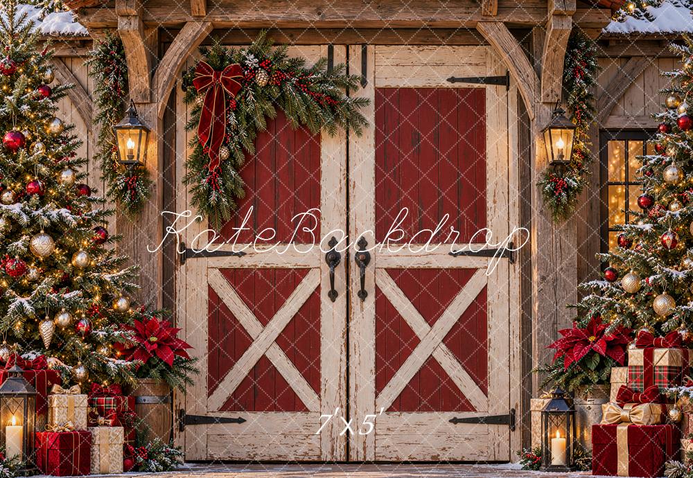 Kate Christmas Rustic Red Barn Door Christmas Trees Gifts Printed Backdrop Designed by Shutter Swan Studios