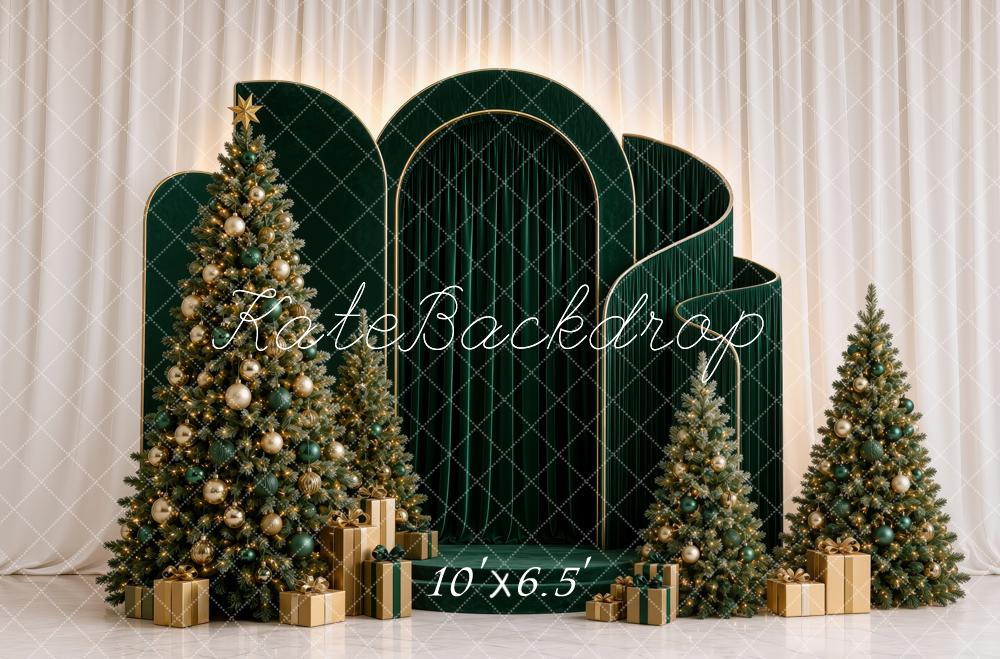 Kate Christmas Green Arch Panel Christmas Trees Gifts Printed Backdrop Designed by Ashley Ward