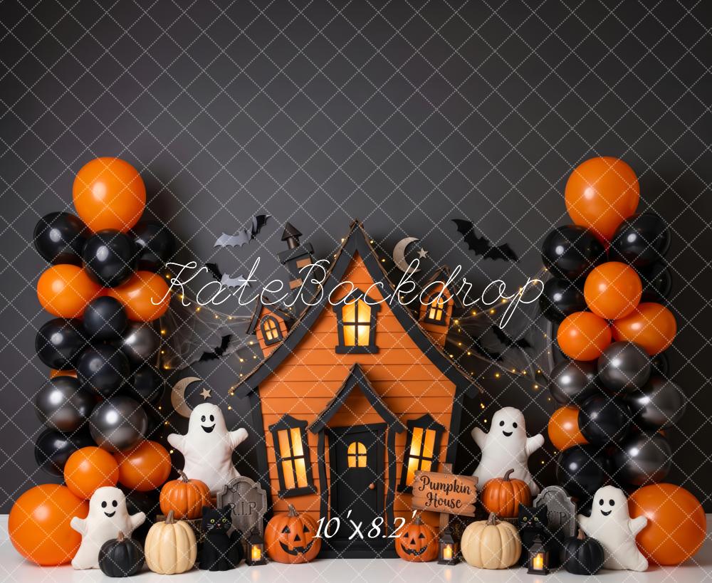Kate Halloween Haunted House Cute Ghosts Bats Pumpkins Balloons Printed Backdrop Designed by Patty Roberts