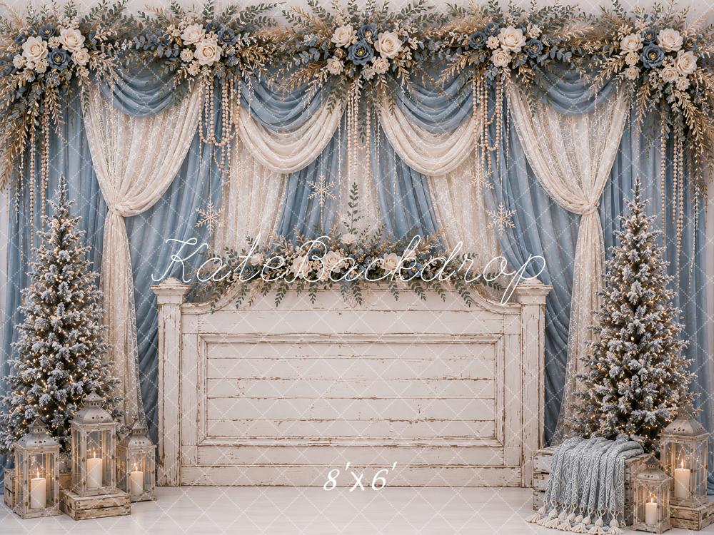 Kate Christmas Headboard Blue Drapes Snowy Christmas Trees Floral Printed Backdrop Designed by Ashley Paul