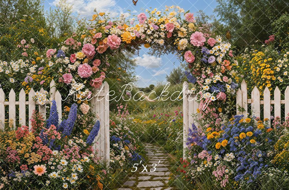 Kate Spring Flower Arch White Picket Fence Garden Pathway Printed Backdrop Designed by Emetselch
