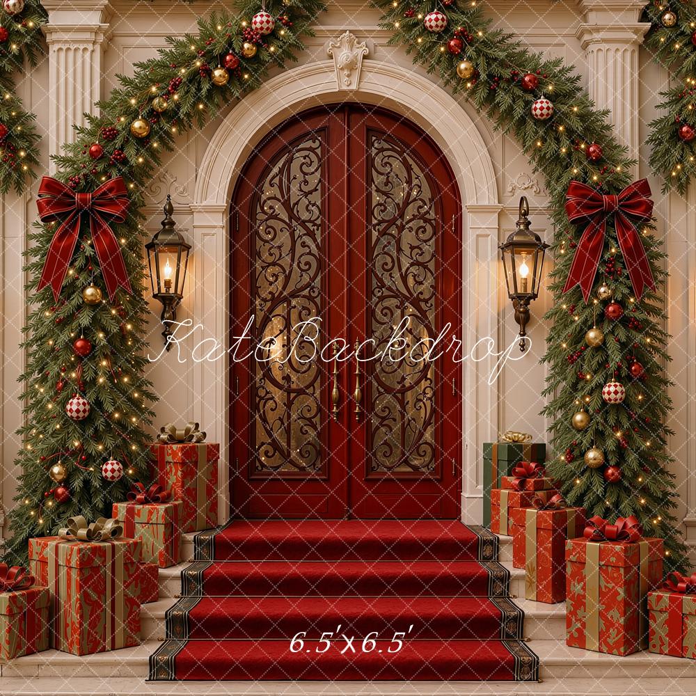 Kate Christmas Mansion Door Entryway Garland Trees Gifts Printed Backdrop Designed by Shutter Swan Studios