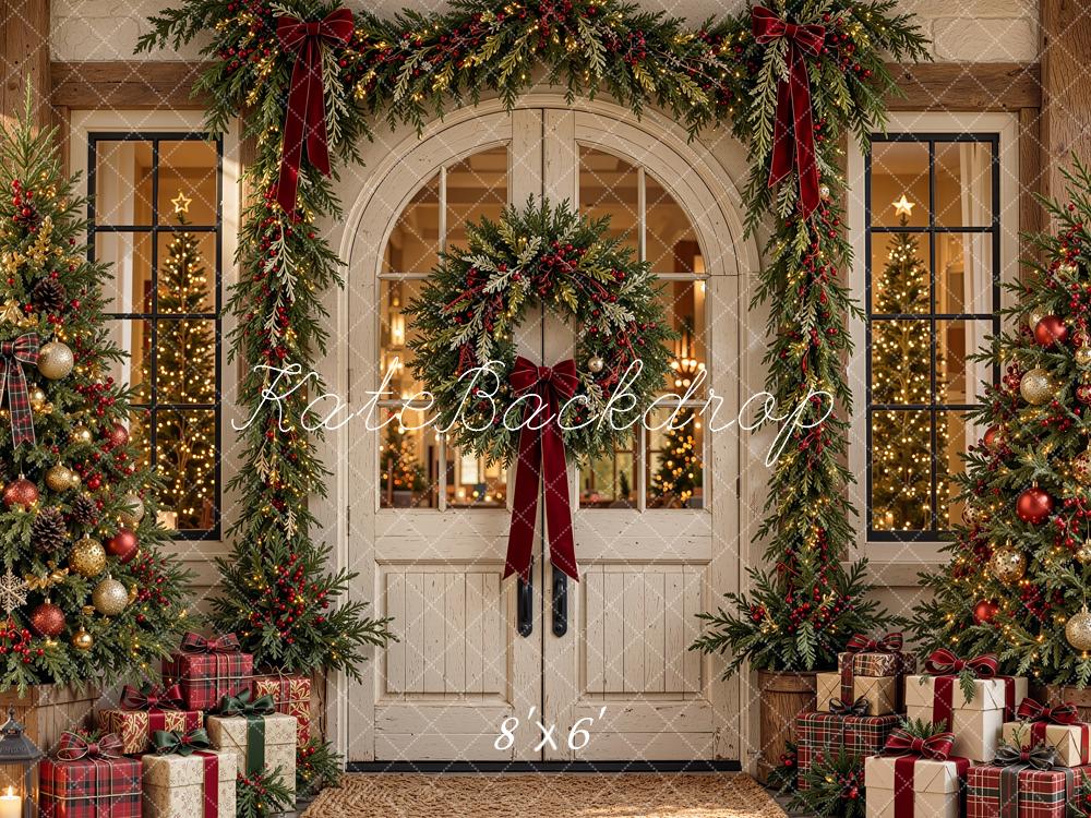 Kate Christmas White Front Door Garland Wreath Trees Printed Backdrop Designed by Shutter Swan Studios