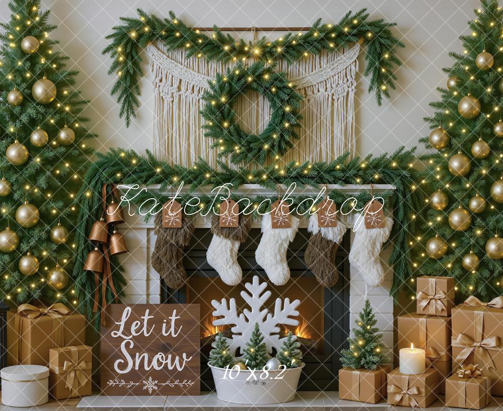 Kate Christmas Fireplace Macrame Garland Gold Ornaments Trees Gifts Backdrop Designed by Mini MakeBelieve