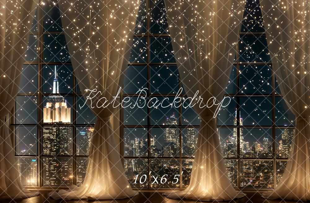 Kate New Year City Night Skyline Window Curtains String Lights Printed Backdrop Designed by Chain Photography