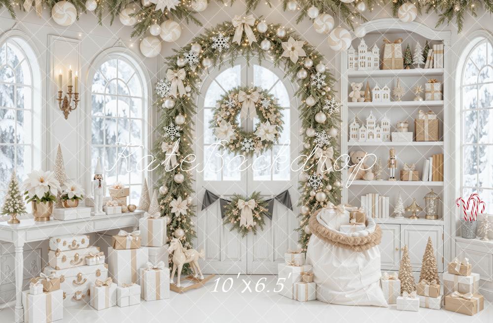 Kate Christmas White Garland Arch Gifts Toys Printed Backdrop Designed by Mini MakeBelieve