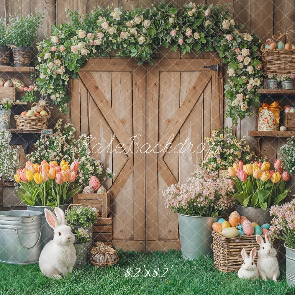 Kate Easter Wooden Door Bunny Flower Arch Tulips Rustic Backdrop Designed by Emetselch