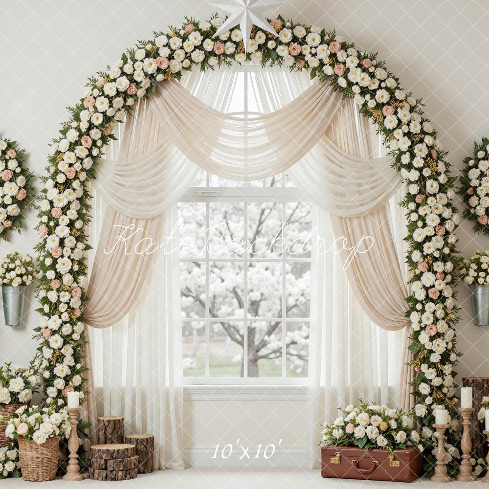 Kate Spring Flower Arch Wreath Window Drapes Printed Backdrop Designed by Mini MakeBelieve
