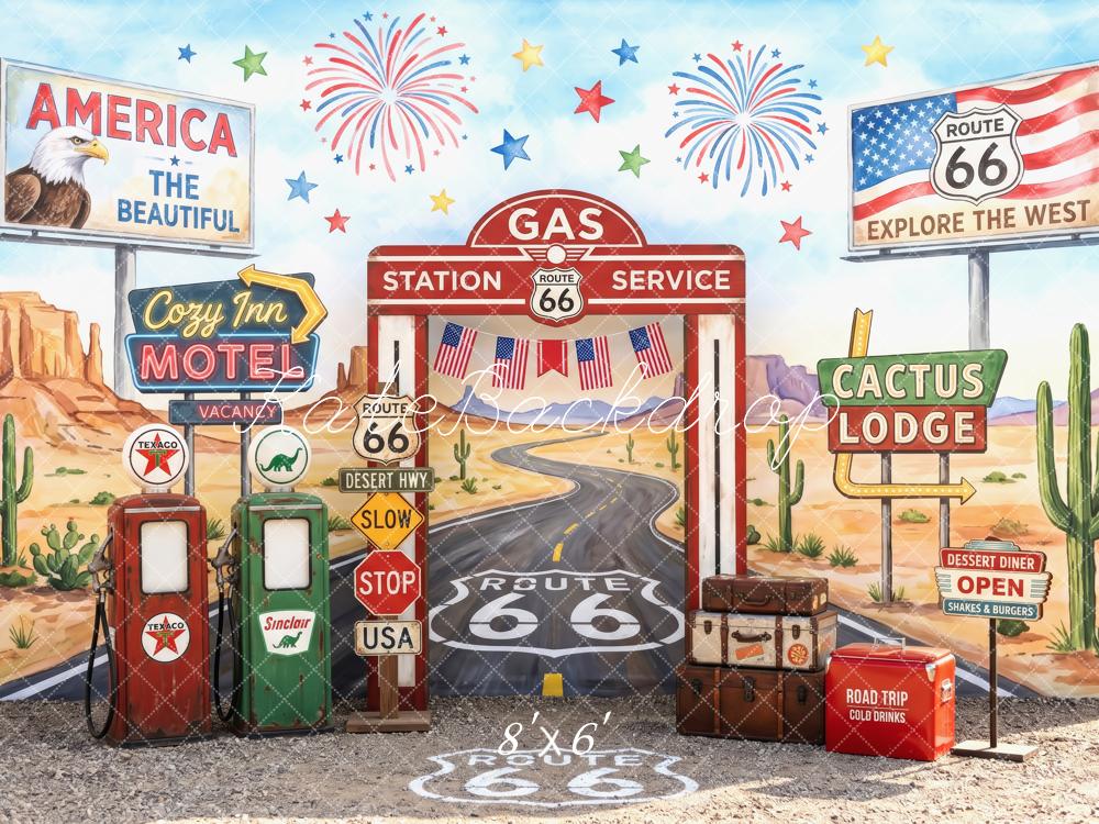 Kate Route 66 Gas Station Desert Motel Fireworks Printed Backdrop Designed by Patty Roberts