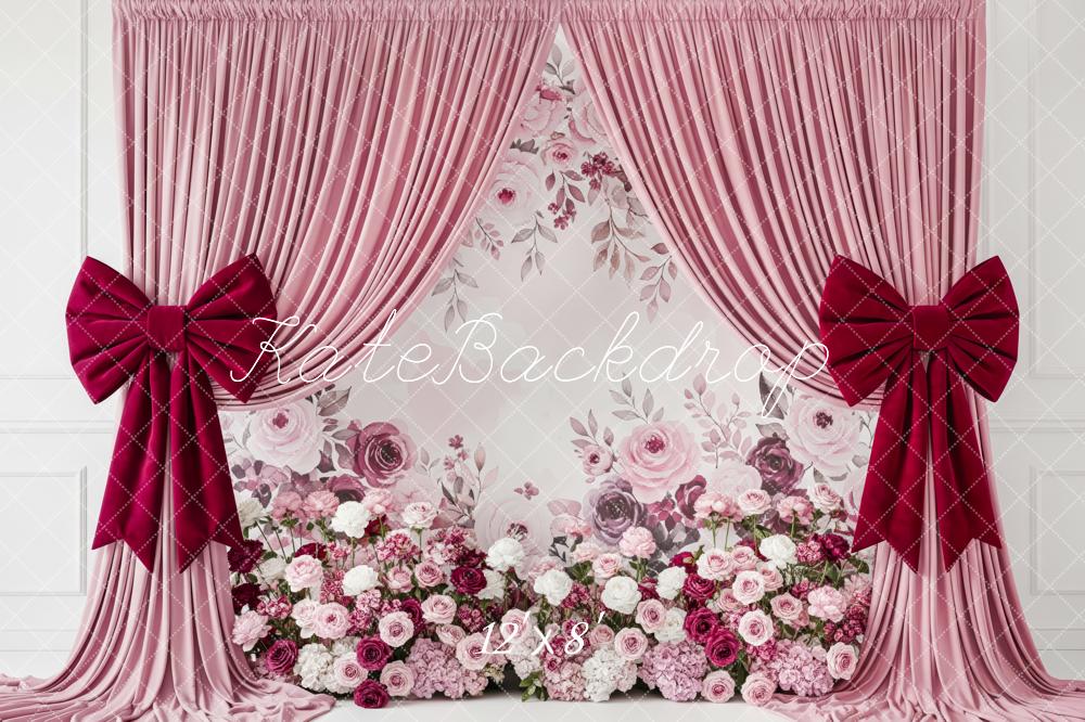 Kate Mother's Day Pink Curtain Floral Wall with Red Bows Backdrop Designed by Patty Roberts