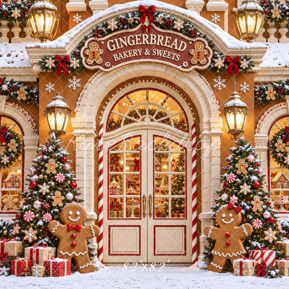 Kate Christmas Gingerbread Bakery Snowy Storefront Printed Backdrop Designed by Emetselch