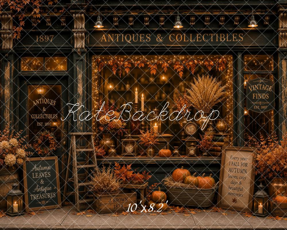 Kate Fall Antique Store Pumpkins Maple Leaves Lanterns Printed Backdrop Designed by Ashley Ward