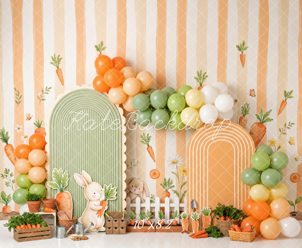 Kate Easter Birthday Carrot Stripe Balloons Arches Bunny Garden Printed Backdrop Designed by Patty Roberts