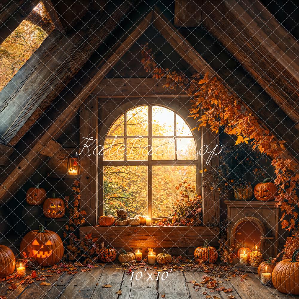 Kate Halloween Attic Arched Window Pumpkins Candles Backdrop Designed by Emetselch