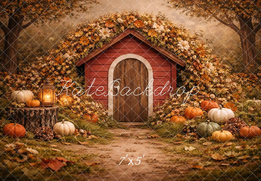 Kate Fall Red Cabin Pumpkin Flower Arch Forest Printed Backdrop Designed by Caitlin Lynch