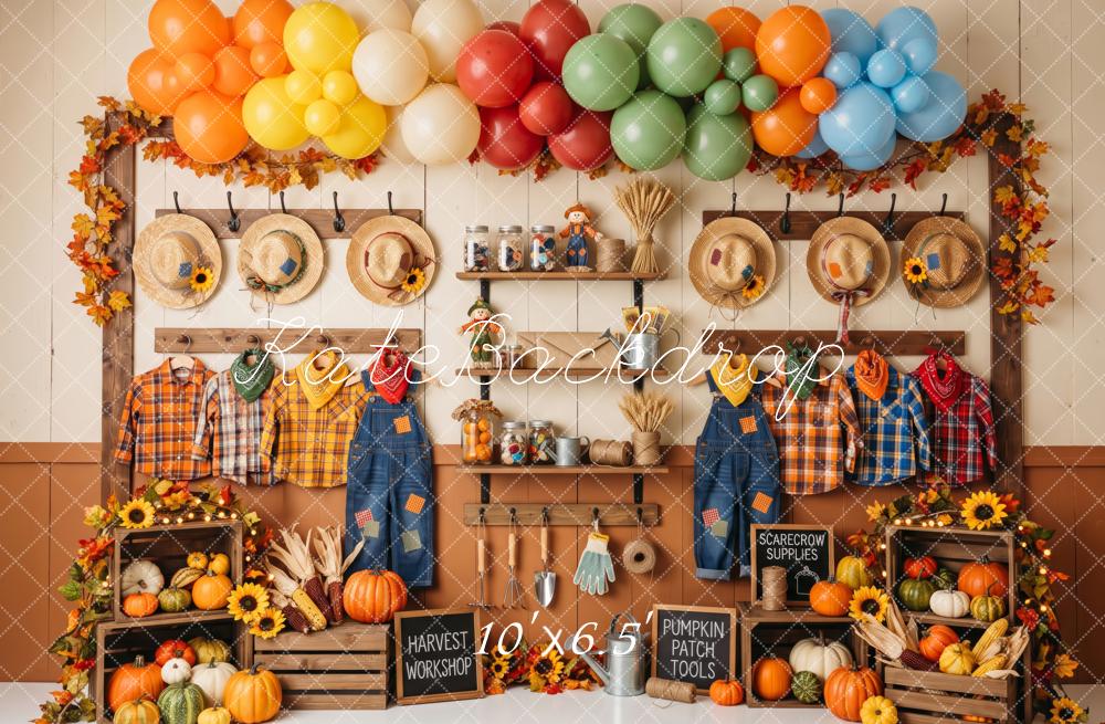 Kate Fall Birthday Little Scarecrow Workshop Pumpkins Balloons Printed Backdrop Designed by Patty Roberts