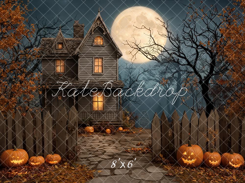 Kate Halloween Night Haunted House Full Moon Pumpkins Backdrop Designed by Emetselch