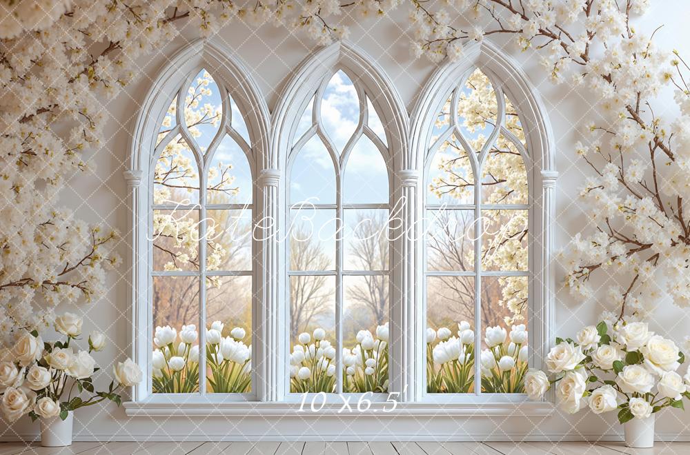 Kate Spring Floral Arch Window White Blossoms Printed Backdrop Designed by Mini MakeBelieve