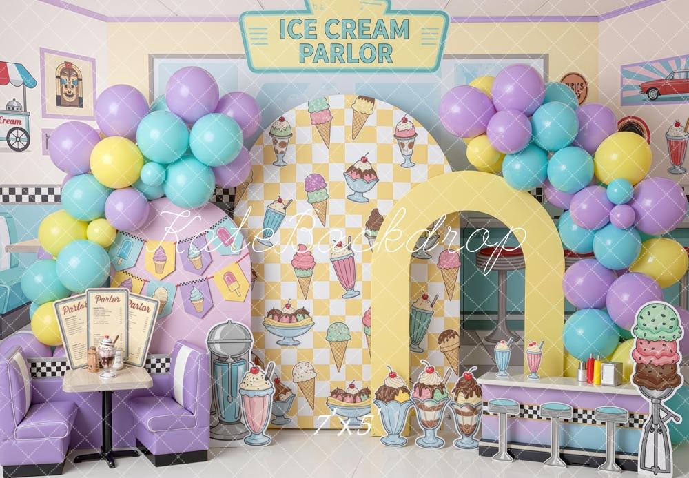 Kate Cake Smash Ice Cream Parlor Pastel Balloons Diner Booth Printed Backdrop Designed by Mini MakeBelieve