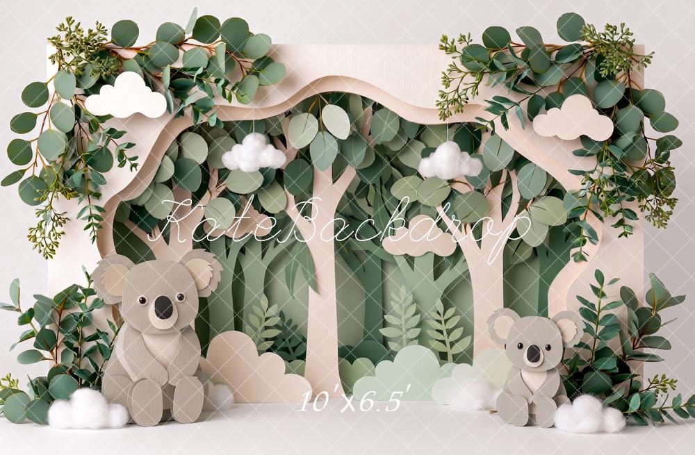 Kate Cake Smash Paper Forest Koala Eucalyptus Greenery Printed Backdrop Designed by Angela Miller
