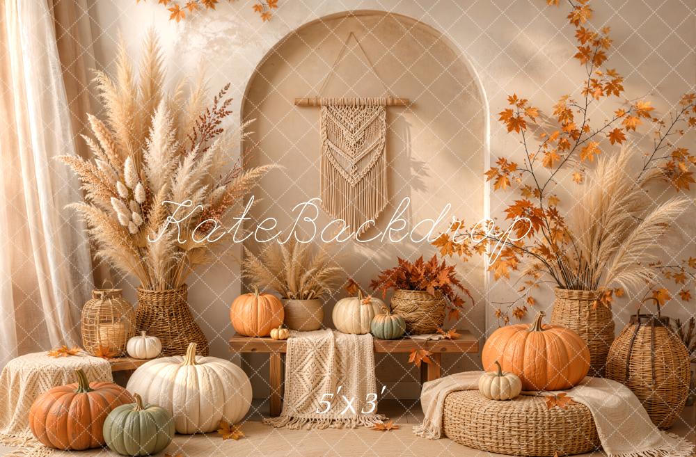 Kate Fall Boho Pumpkin Pampas Grass Arch Cozy Wicker Printed Backdrop Designed by Emetselch