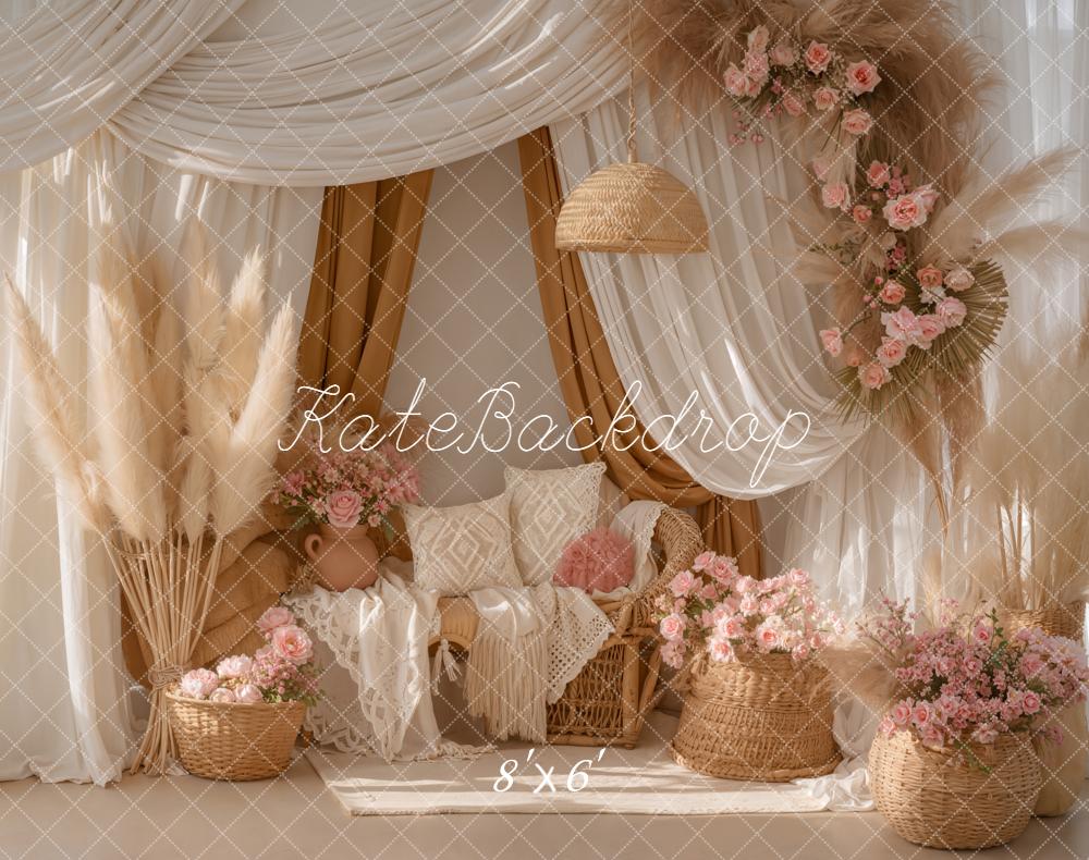 Kate Boho Pampas Grass Pink Flowers Wicker Sofa Printed Backdrop Designed by Emetselch
