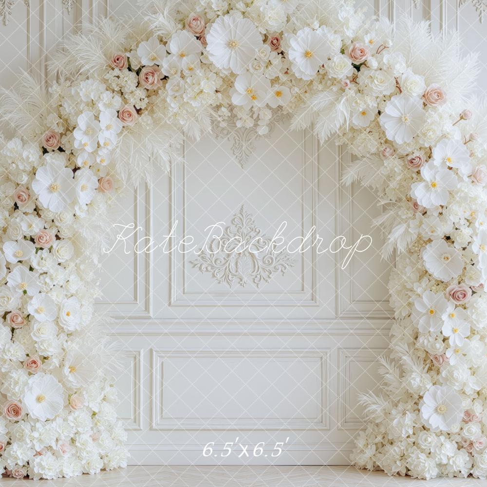 Kate Romantic White Flower Feathers Arch Ornate Wall Printed Backdrop Designed by Mini MakeBelieve