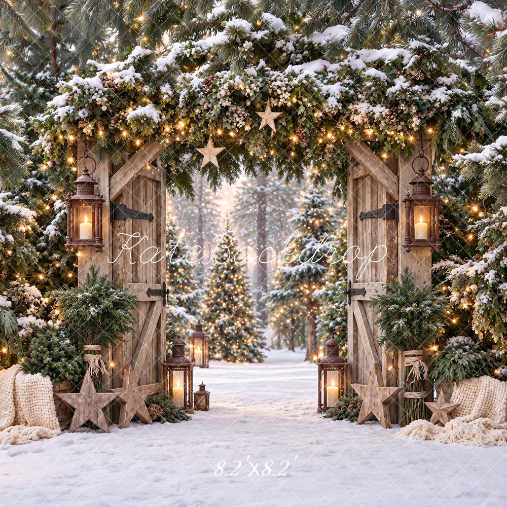 Kate Christmas Rustic Evergreen Wood Door Arch Stars Snowy Pine Trees Printed Backdrop Designed by Angela Miller